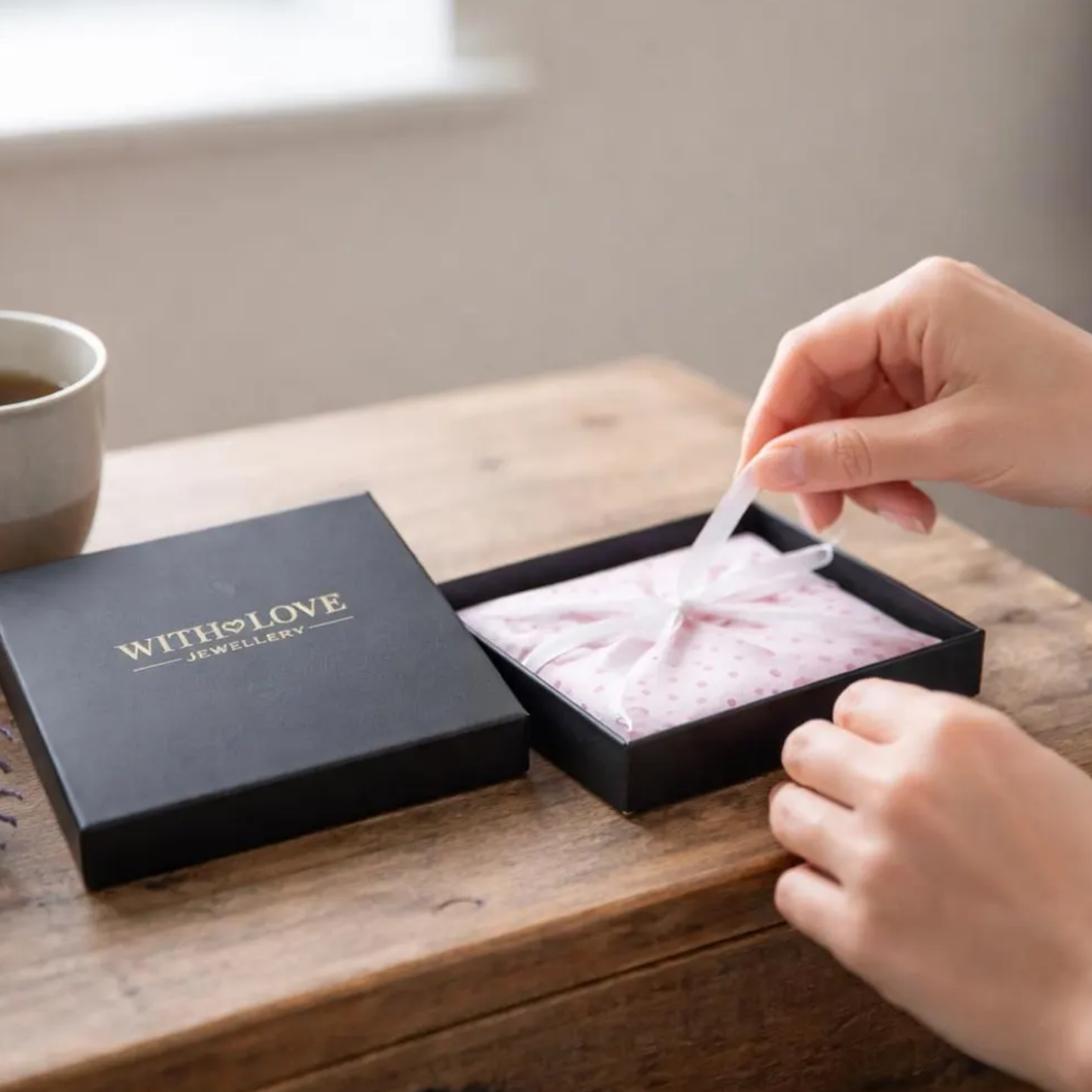 Person handling jewelry in a 'With Love Jewellery' branded box on a wooden surface.