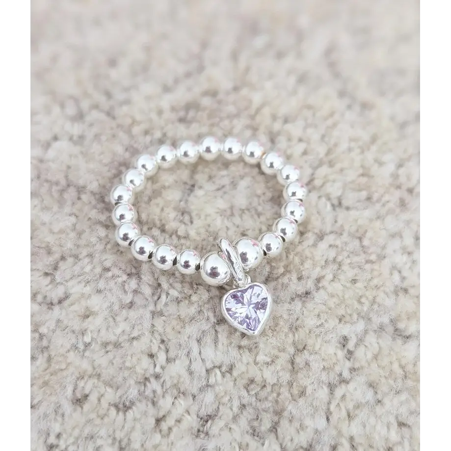 Beaded Lilac Heart Stretch Ring - ring