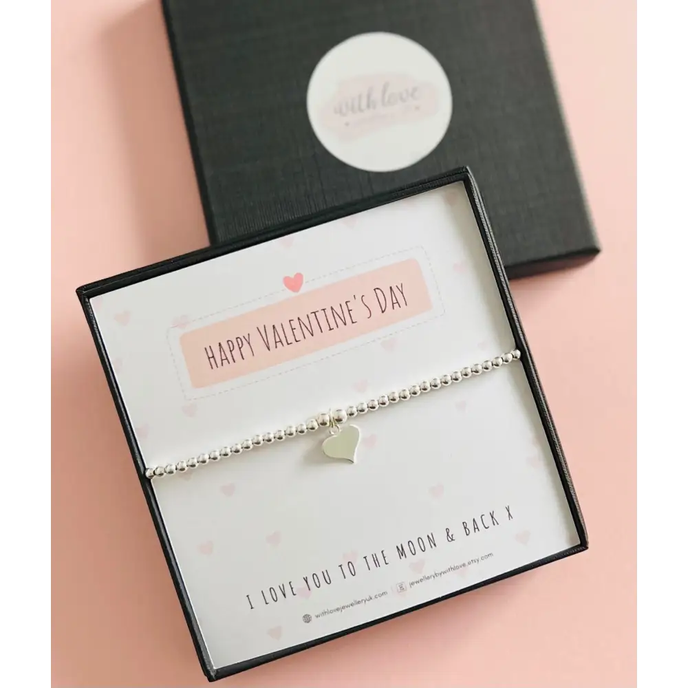 Happy Valentine’s Day Sterling Silver Love Heart Bracelet With Love Jewellery UK