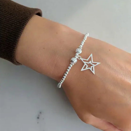 Merry Christmas Silver Beaded Stretch Bracelet - Star - Bracelets