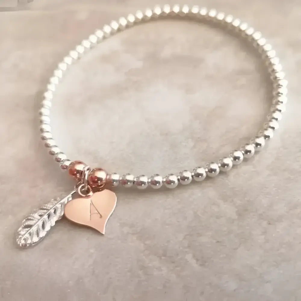 Personalised Sterling Silver Feather & Heart Bracelet - Bracelets