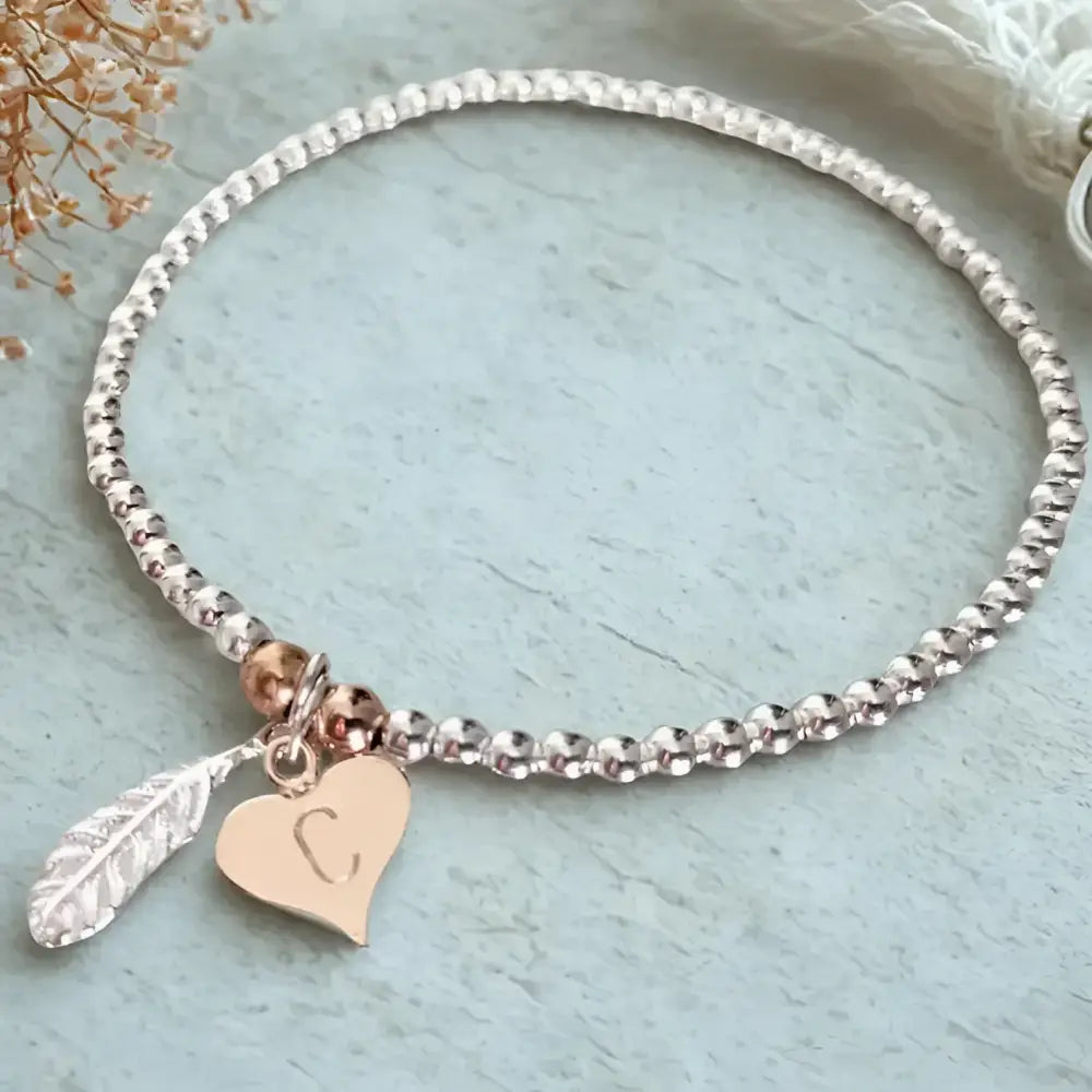 Personalised Sterling Silver Feather & Heart Bracelet - Bracelets