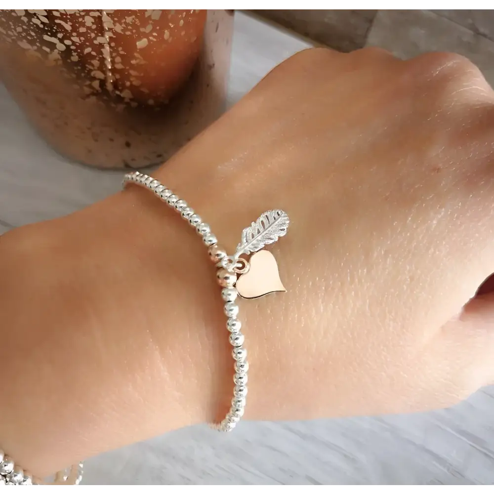 Personalised Sterling Silver Feather & Heart Bracelet With Love Jewellery UK