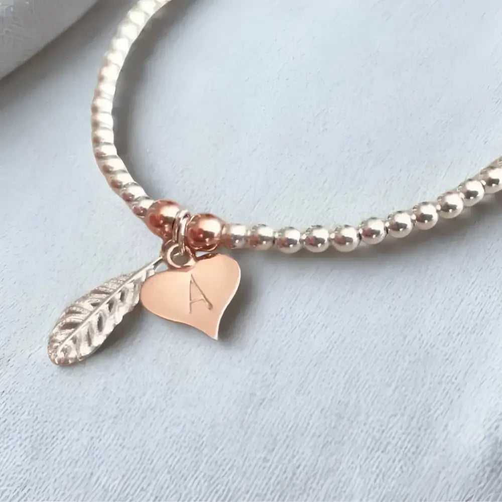 Personalised Sterling Silver Feather & Heart Bracelet - Bracelets