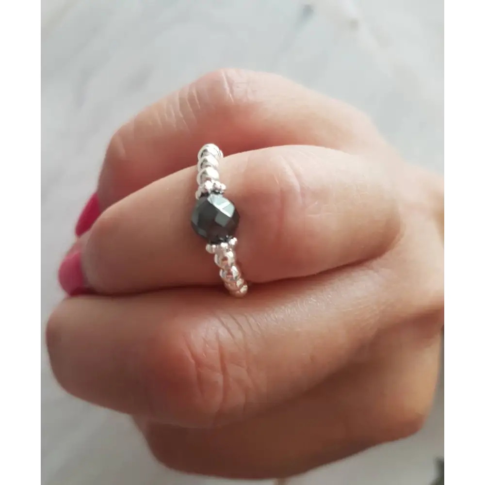 Sterling Silver and Hematite Stretch Ring With Love Jewellery UK