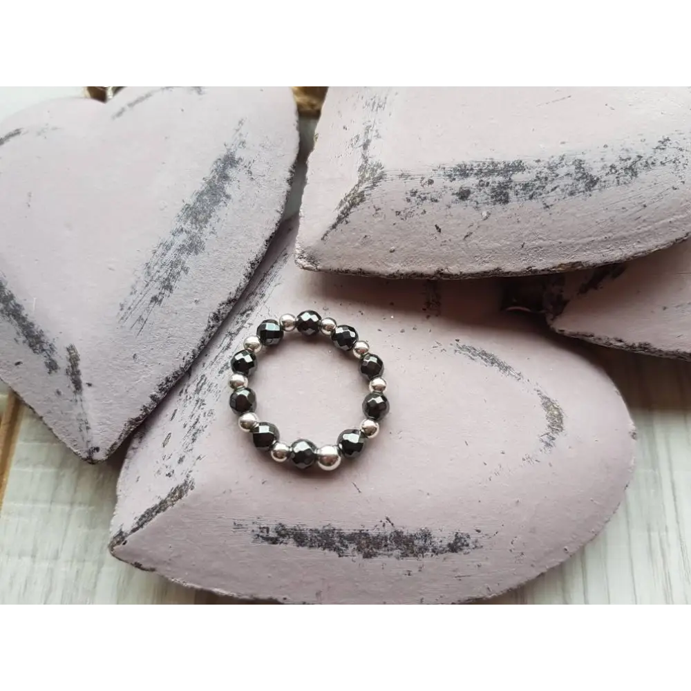 Sterling Silver and Hematite Stretch Ring With Love Jewellery UK