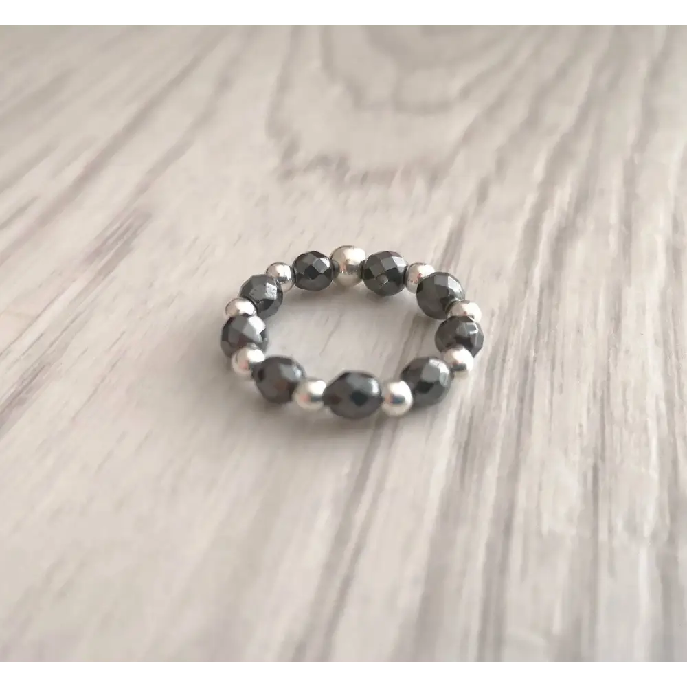 Sterling Silver and Hematite Stretch Ring With Love Jewellery UK