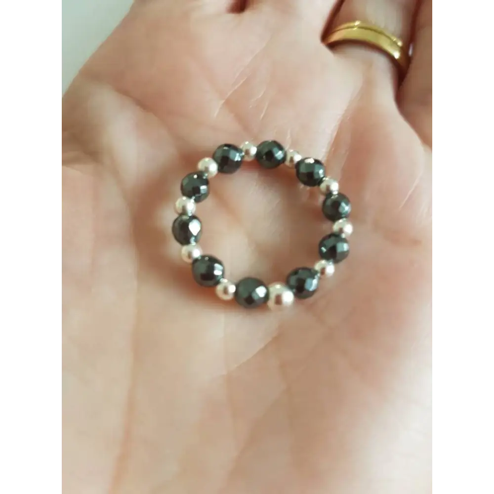 Sterling Silver and Hematite Stretch Ring With Love Jewellery UK