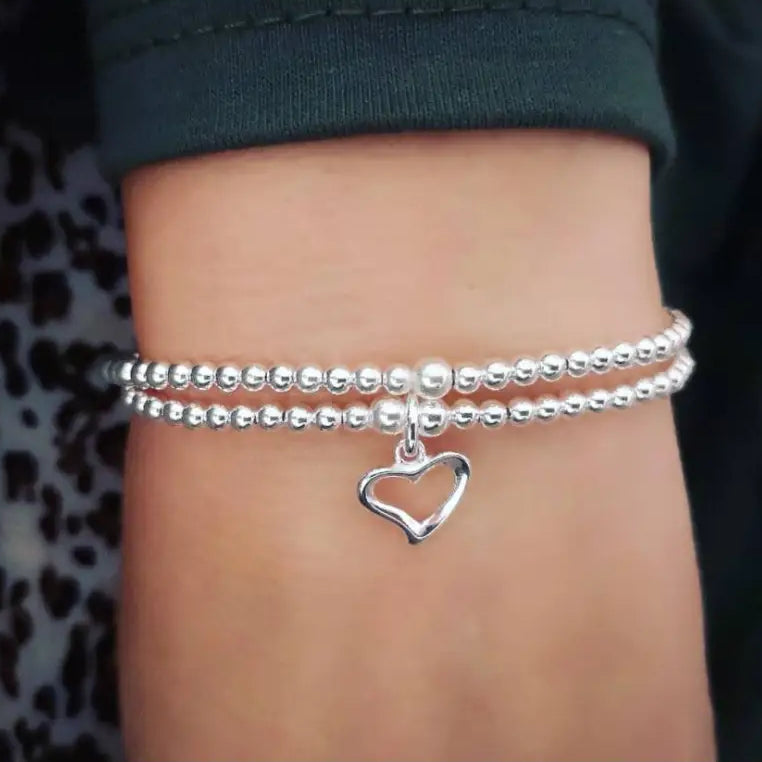 Sterling Silver Double Heart Beaded Stretch Bracelet With Love Jewellery UK