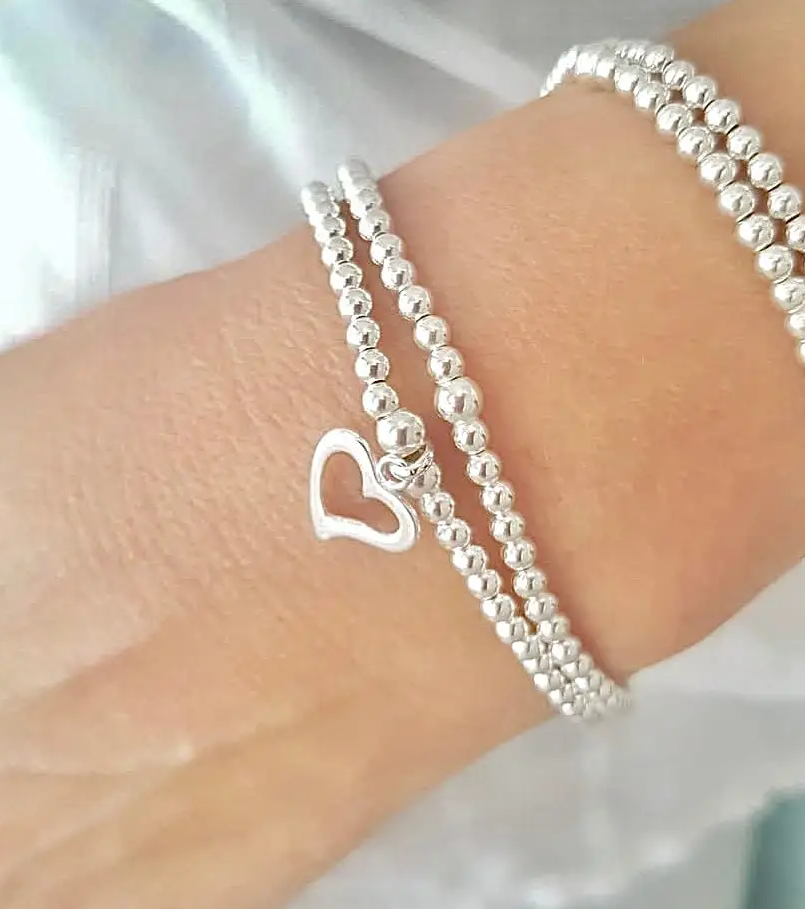 Sterling Silver Double Stretch Heart Charm Bracelet