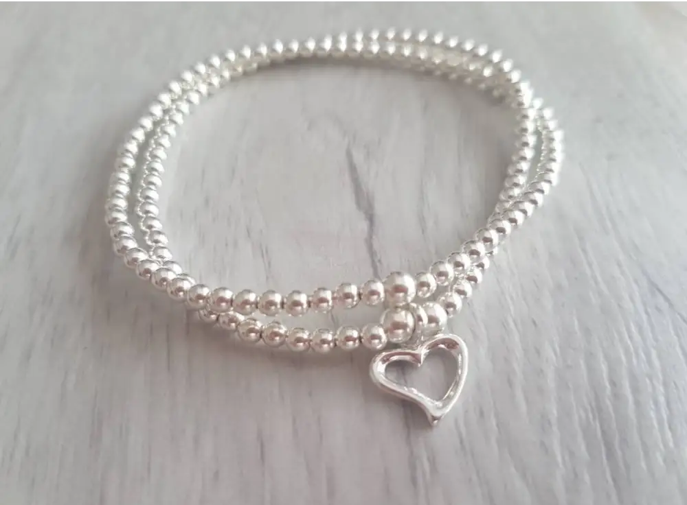 Sterling Silver Double Heart Beaded Stretch Bracelet With Love Jewellery UK