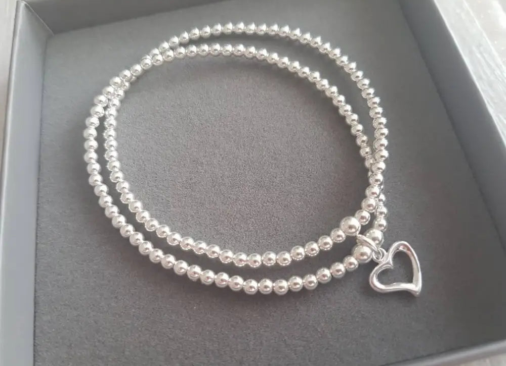 Sterling Silver Double Heart Beaded Stretch Bracelet With Love Jewellery UK