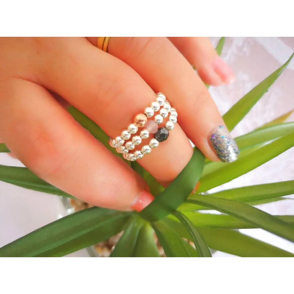 Sterling Silver Rose Quartz/Hematite or Rose Gold Vermeil Beaded Ring With Love Jewellery UK