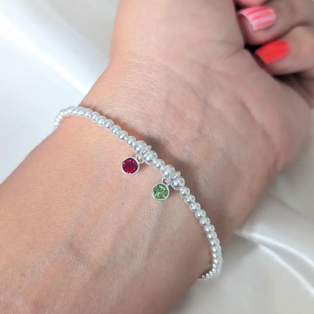 Sterling Silver Two Birthstone Family Beaded Stretch Bracelet - Bracelets