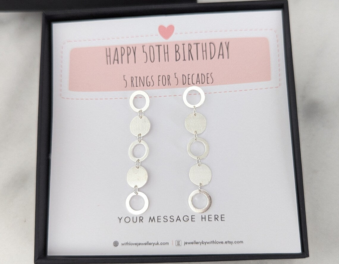 5 Rings 50th Birthday Sterling Silver Earrings With Love Jewellery UK