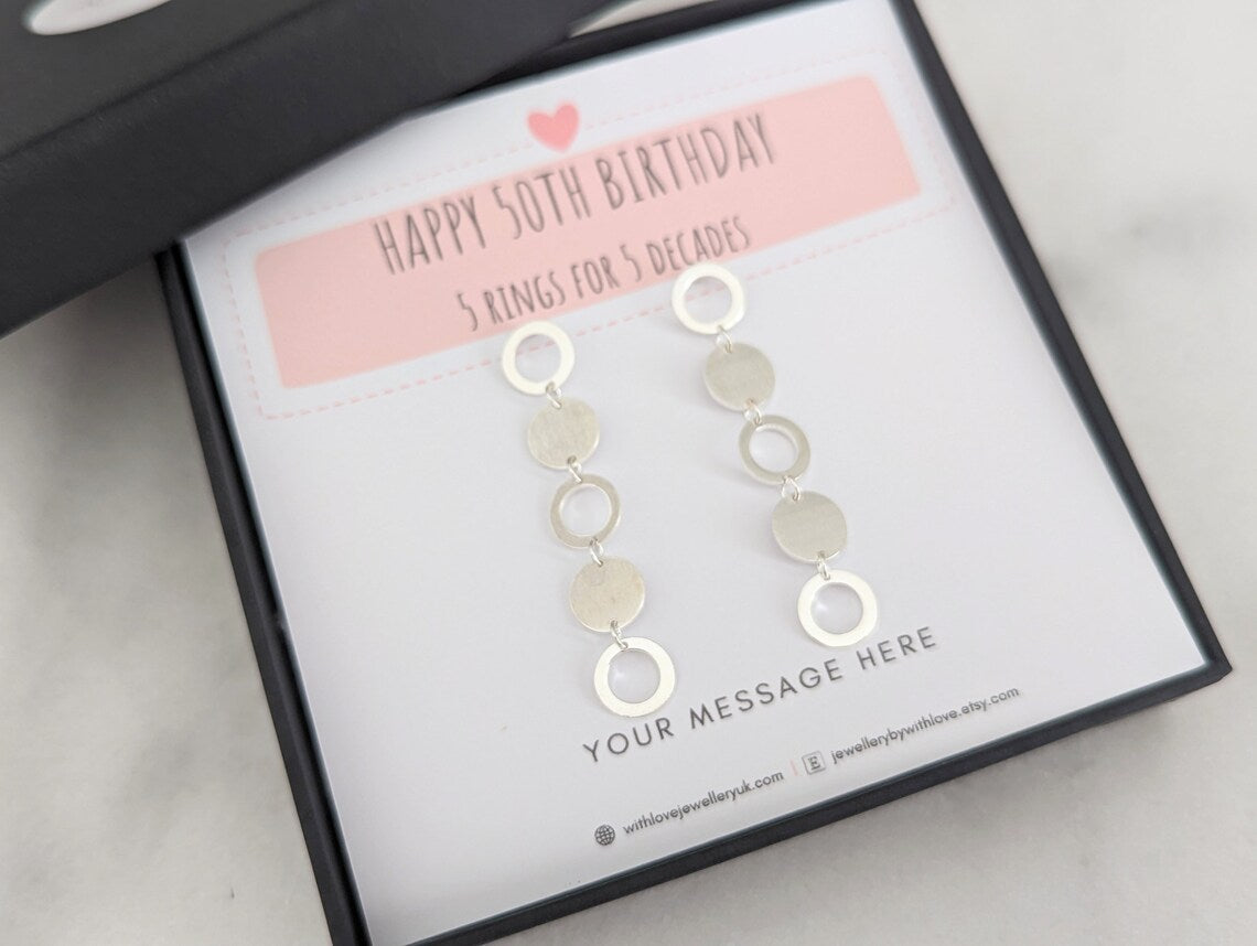 5 Rings 50th Birthday Sterling Silver Earrings With Love Jewellery UK