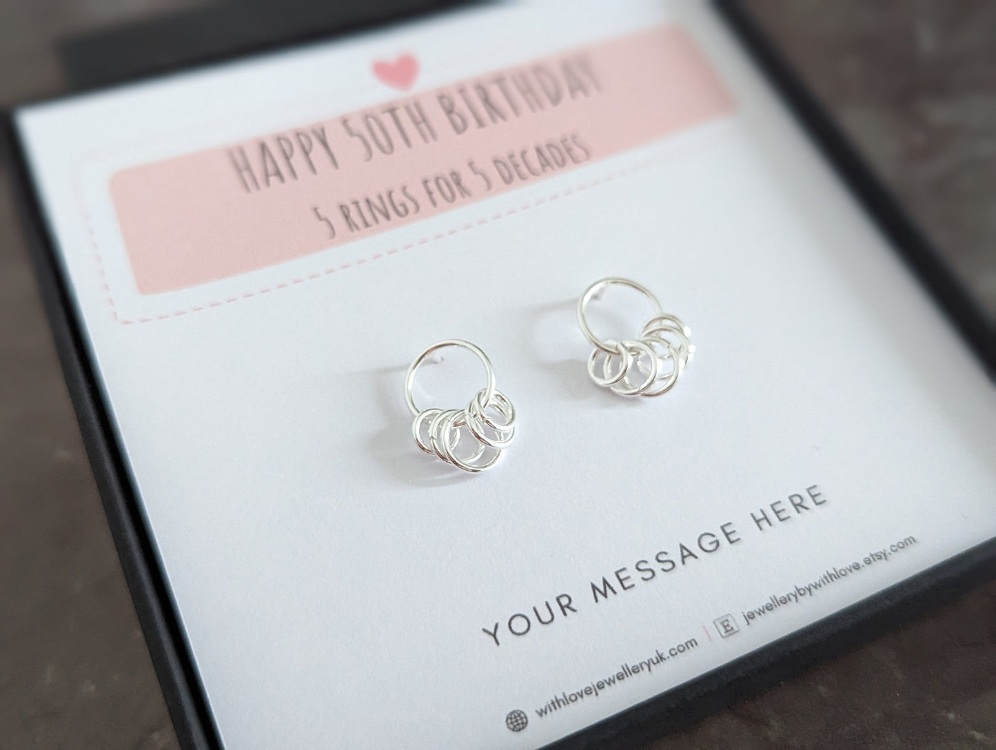 5 Rings 50th Birthday Sterling Silver Earrings | FREE Personalised Message Card