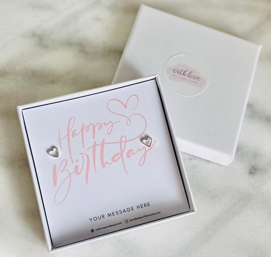 'Happy Birthday' Sterling Silver Love Heart Stud Earrings With Love Jewellery UK