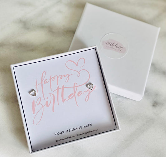 'Happy Birthday' Sterling Silver Love Heart Stud Earrings - FREE Personalised Message Card