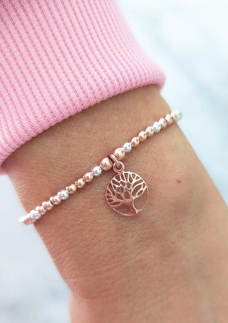 Tree of Life Rose Gold & Silver Stretch Bracelet With Love Jewellery UK