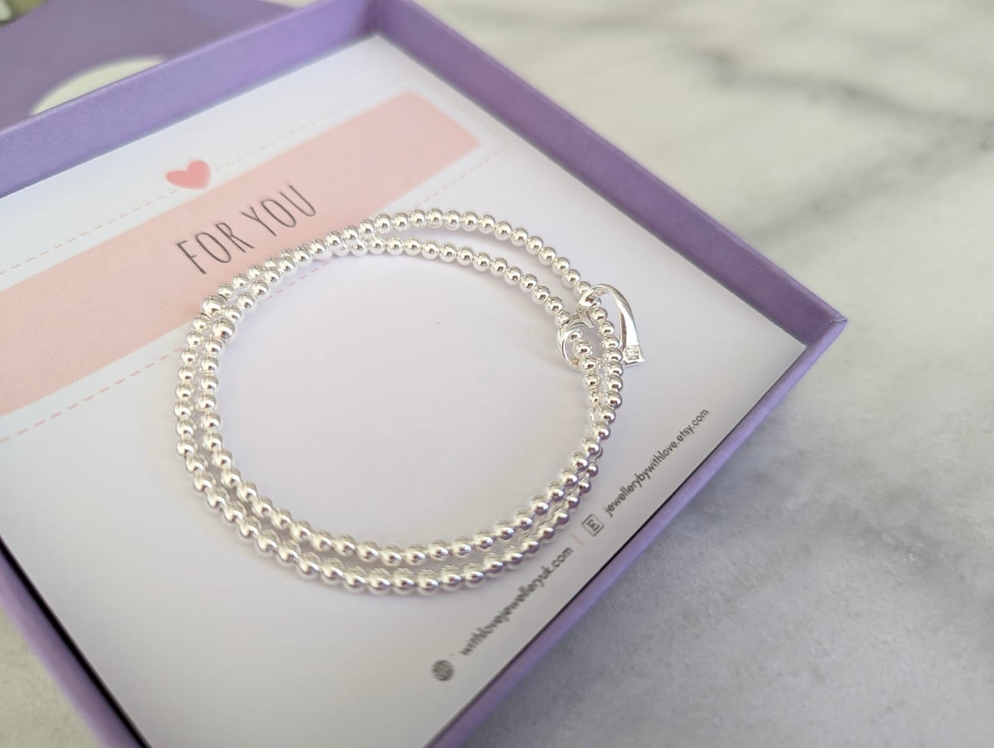 Sterling Silver Double Stretch Beaded Heart Bracelet | Gifts For Her | Gifts For Women & Ladies | FREE Personalised Message Card