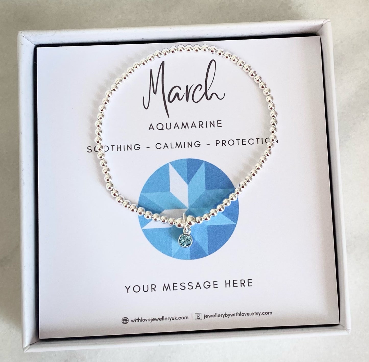 Sterling Silver March Birthday Bracelet (Aquamarine) - FREE Personalised Message Card