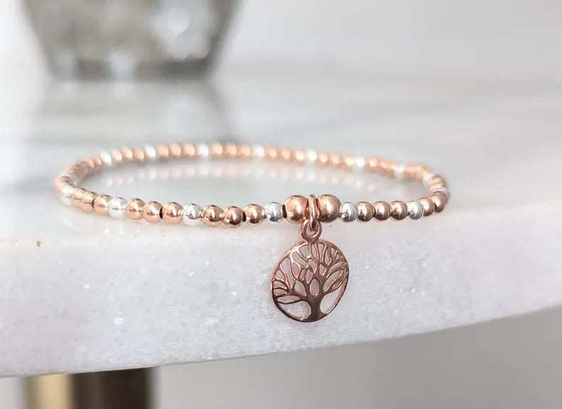 Tree of Life Rose Gold & Silver Stretch Bracelet With Love Jewellery UK