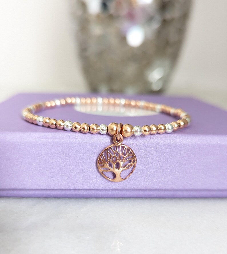 Tree of Life Rose Gold & Silver Stretch Bracelet With Love Jewellery UK