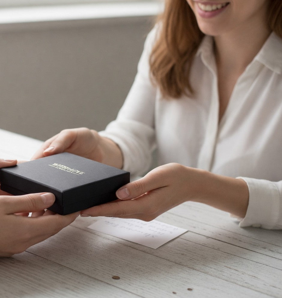 Person receiving a black gift box with 'Wunderbar' branding from another person on a wooden surface.
