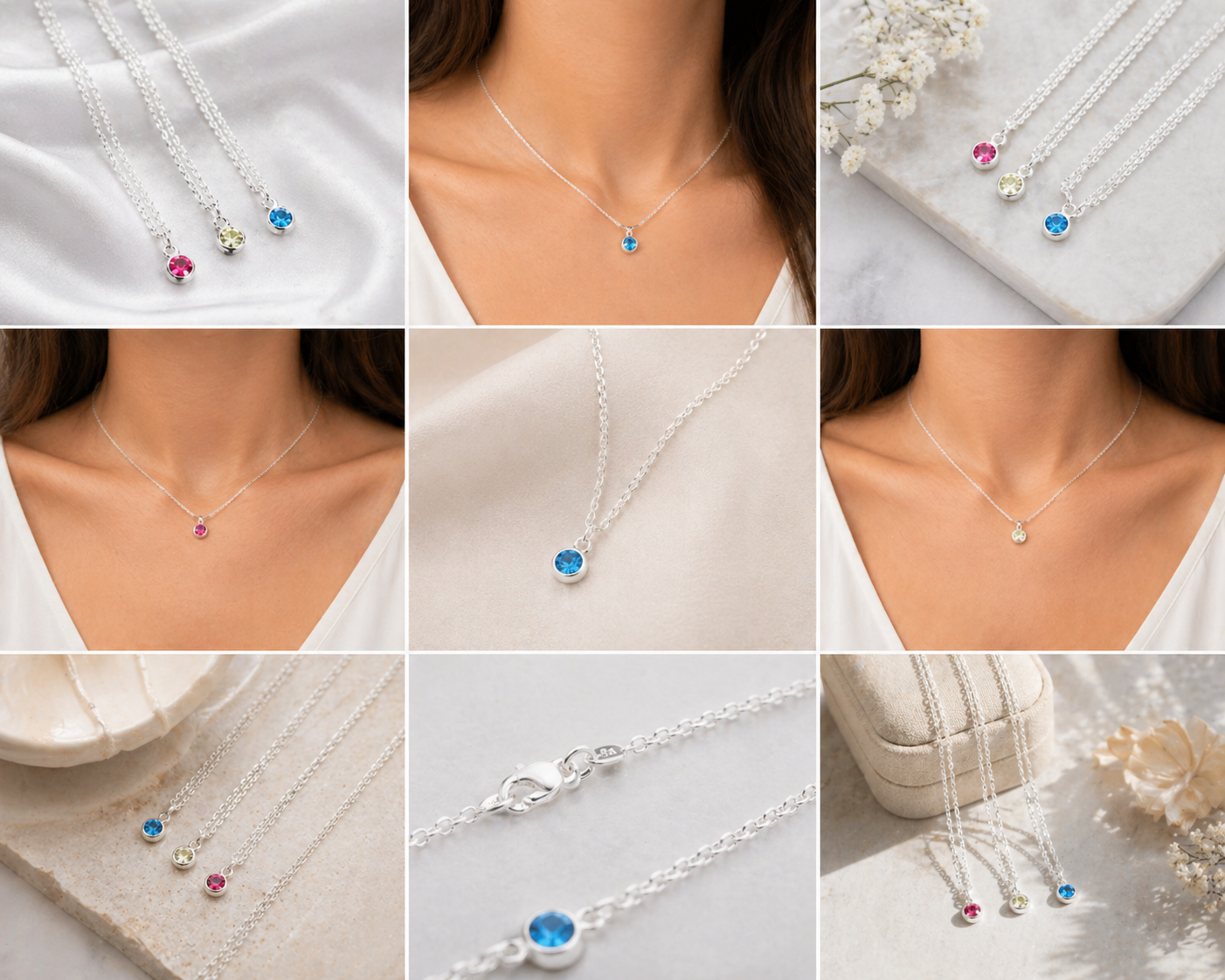 Collage of silver necklaces with colorful gemstones on a neutral background
