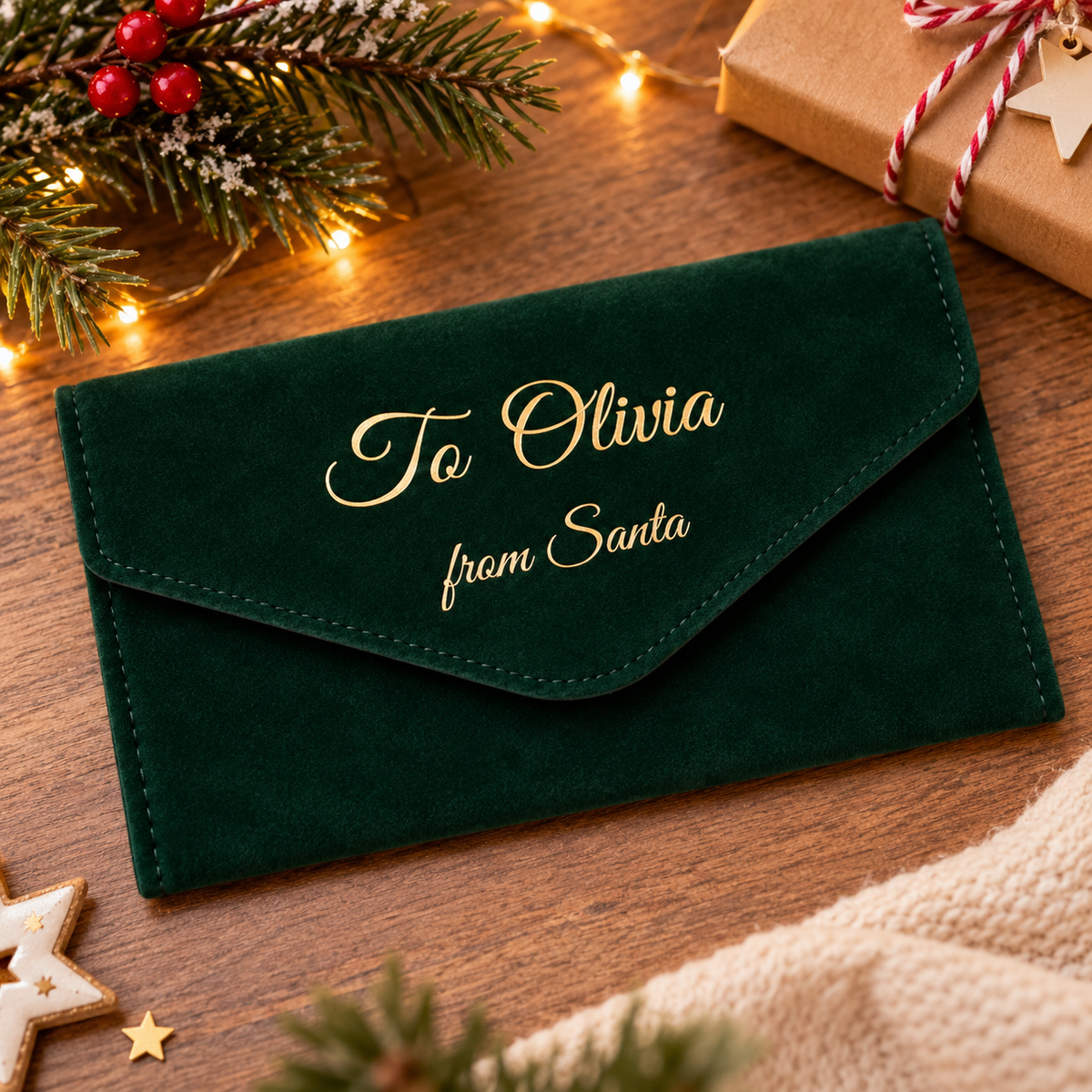 A dark green velvet envelope-style pouch with gold foil text reading 'To Olivia from Santa,' styled on a wooden surface with holiday lights, pine branches, a wrapped gift, and star decorations.