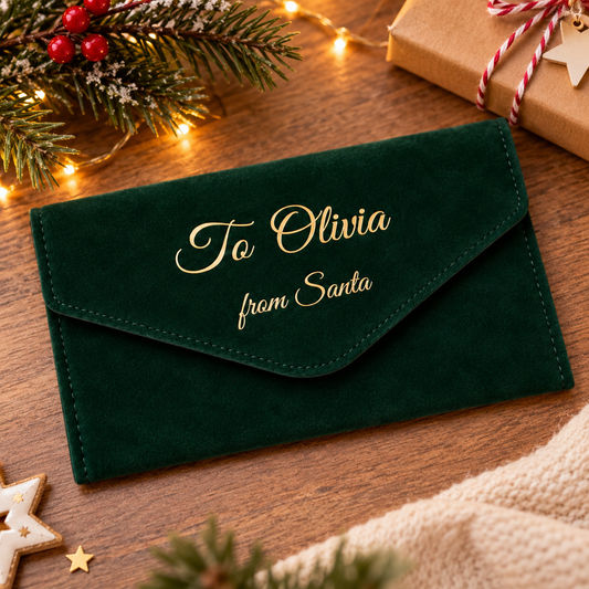 A dark green velvet envelope-style pouch with gold foil text reading 'To Olivia from Santa,' styled on a wooden surface with holiday lights, pine branches, a wrapped gift, and star decorations.