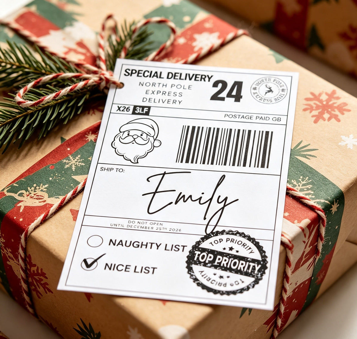 A Christmas-themed express delivery label for 'Special Delivery' wrapped around a gift box with pine branches and festive wrapping paper.