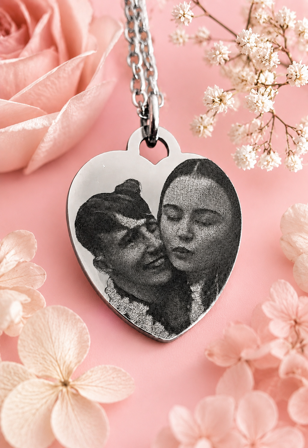 Close up of personalised photo engraved necklace