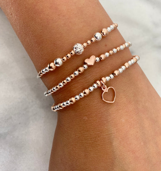 Sterling Silver and Rose Gold Vermeil Beaded Bracelet Set With Love Jewellery UK