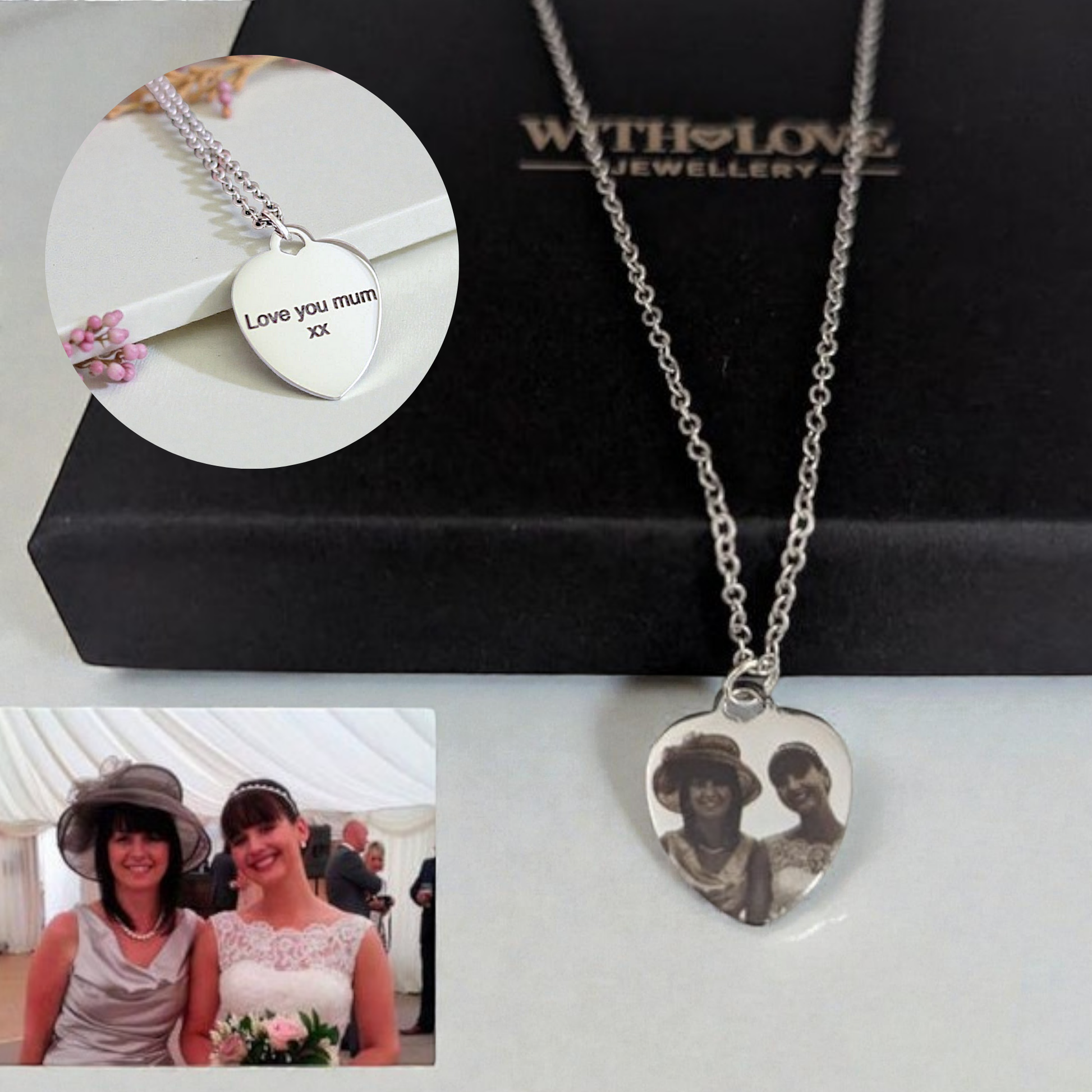 Personalised heart necklace featuring engraved photograph