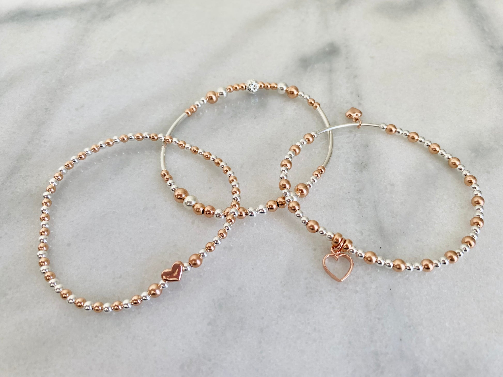 Sterling Silver and Rose Gold Vermeil Beaded Bracelet Set With Love Jewellery UK