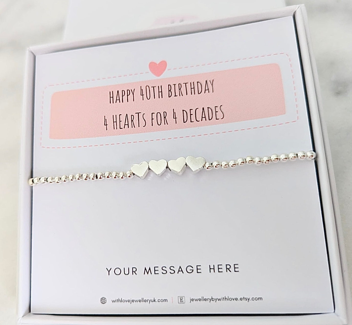Silver Heart Milestone Birthday Bracelet (20th, 30th, 40th, 50th, 60th, 70th, 80th or 90th birthday) FREE Personalised Message Card