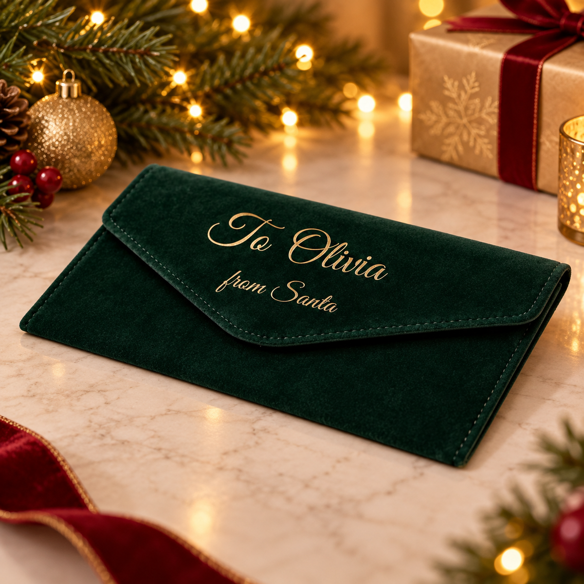A dark green velvet envelope-style card holder or wallet with gold script reading 'To Olivia from Santa,' placed on a marble surface with Christmas lights, pine branches, ornaments, and a wrapped gift box in the background.