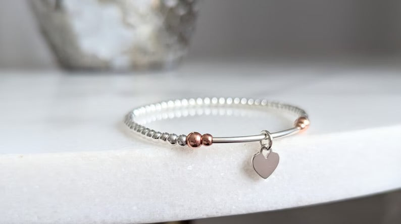 Sterling Silver Heart Charm Bracelet - Free Personalised Message Card