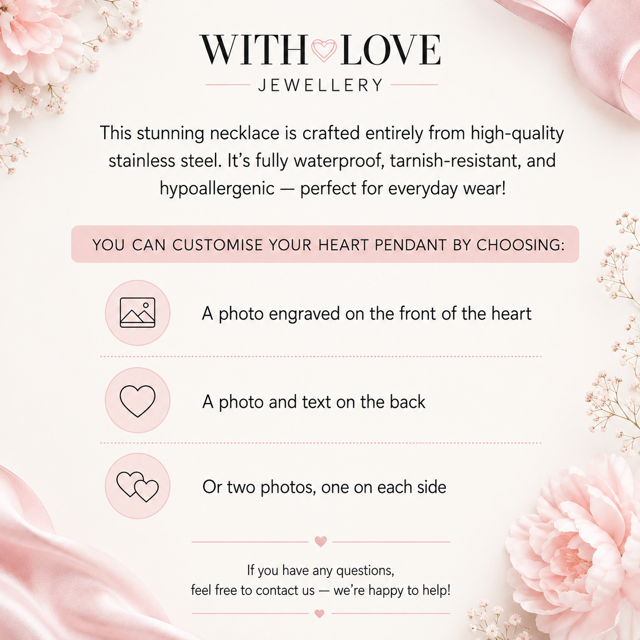 A promotional graphic for With Love Jewellery explaining customisation options for the heart pendant. The text states the necklace is made of high-quality stainless steel and is waterproof, tarnish-resistant, and hypoallergenic.