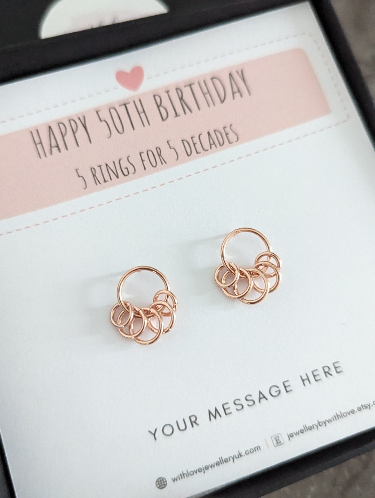 5 Rings 50th Birthday Rose Gold Earrings | FREE Personalised Message Card