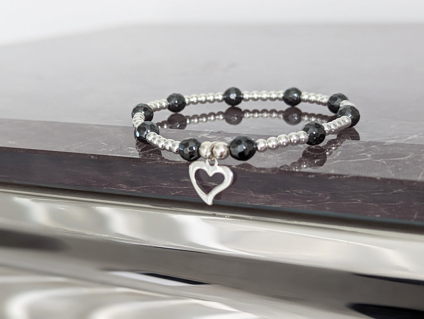 Sterling Silver and Hematite Heart Bracelet With Love Jewellery UK