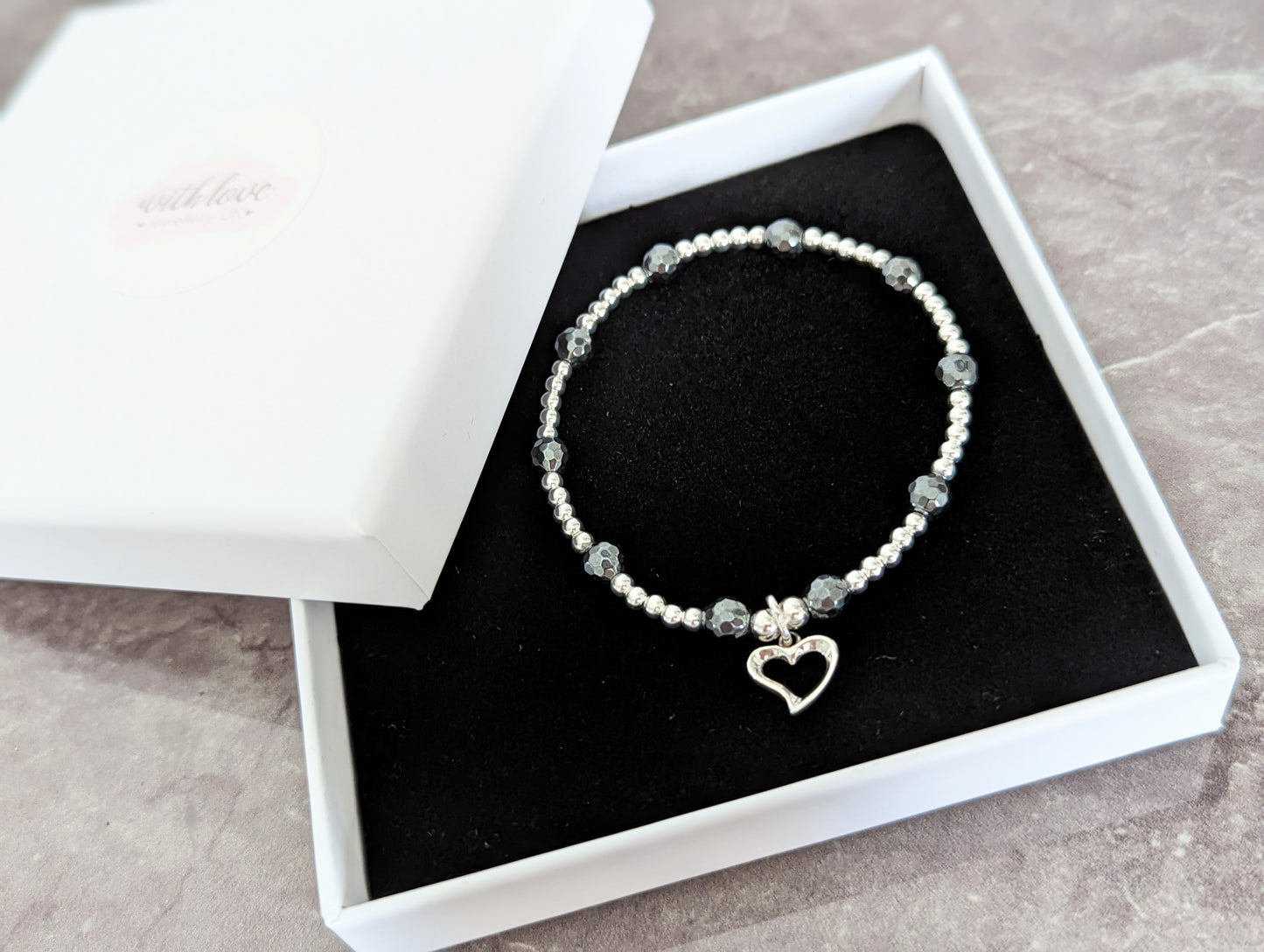 Sterling Silver and Hematite Heart Bracelet With Love Jewellery UK