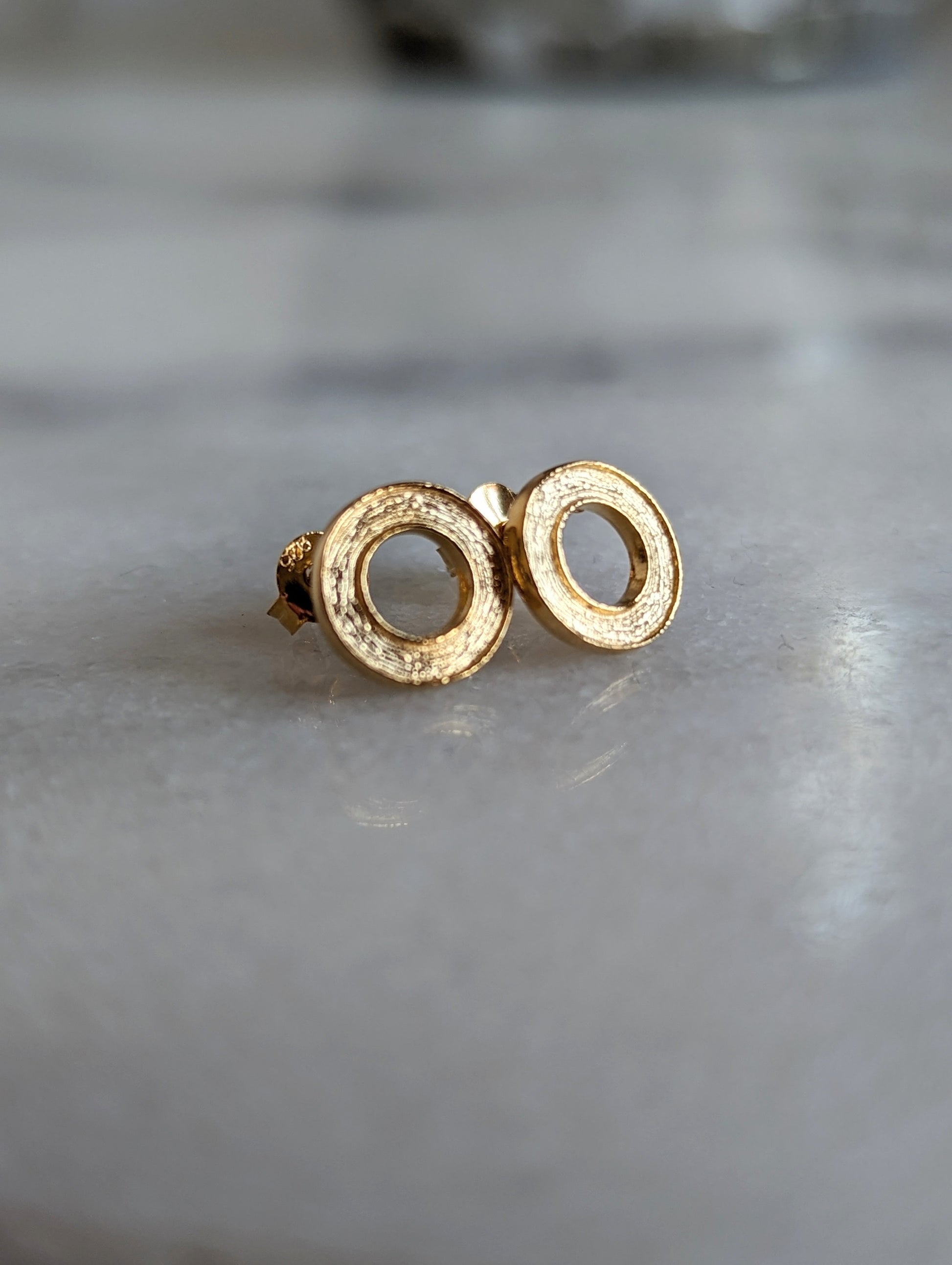 Sterling Silver 24k Gold Vermeil Style Textured Circle Stud Earrings With Love Jewellery UK