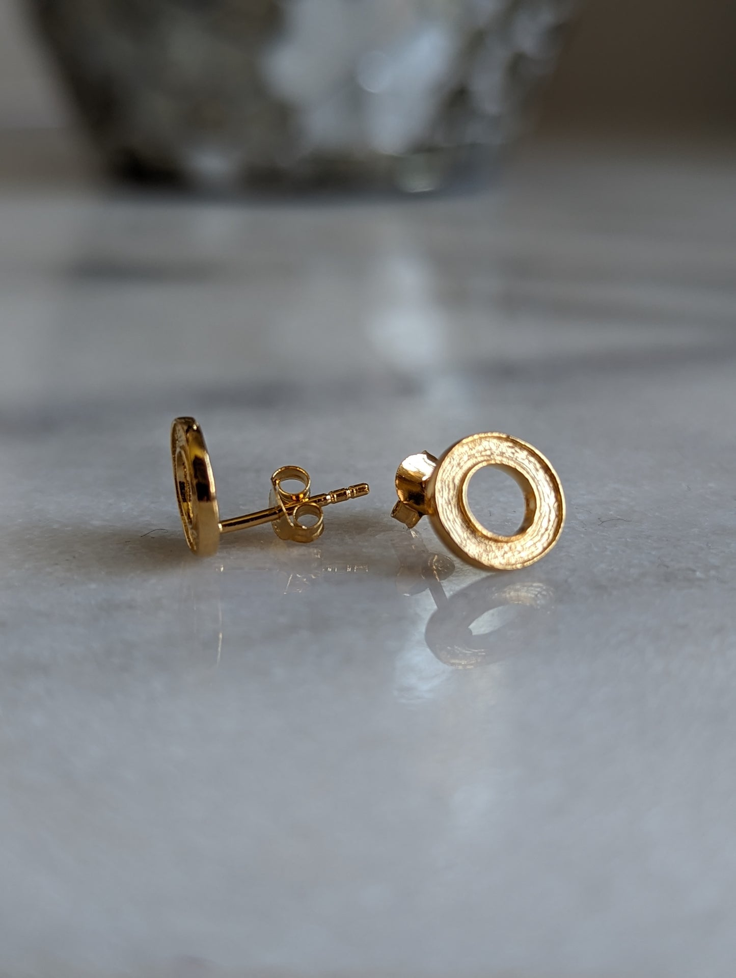 Sterling Silver 24k Gold Vermeil Style Textured Circle Stud Earrings With Love Jewellery UK