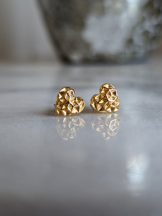 Sterling Silver Gold Vermeil Style Heart Stud  Earrings With Love Jewellery UK