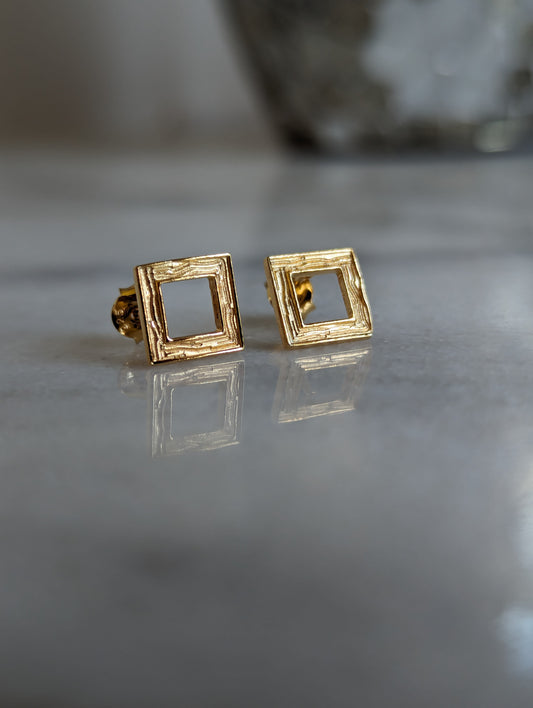 Sterling Silver 24k Gold Vermeil Style Textured Square Stud Earrings With Love Jewellery UK