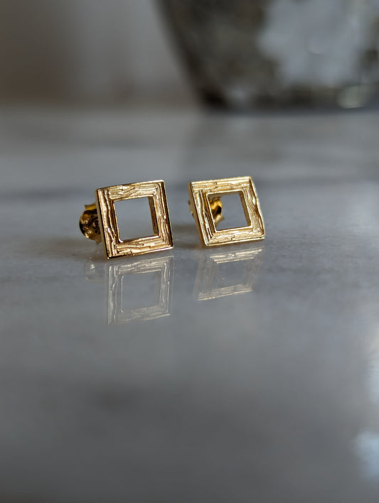 Sterling Silver 24k Gold Vermeil Style Textured Square Stud Earrings