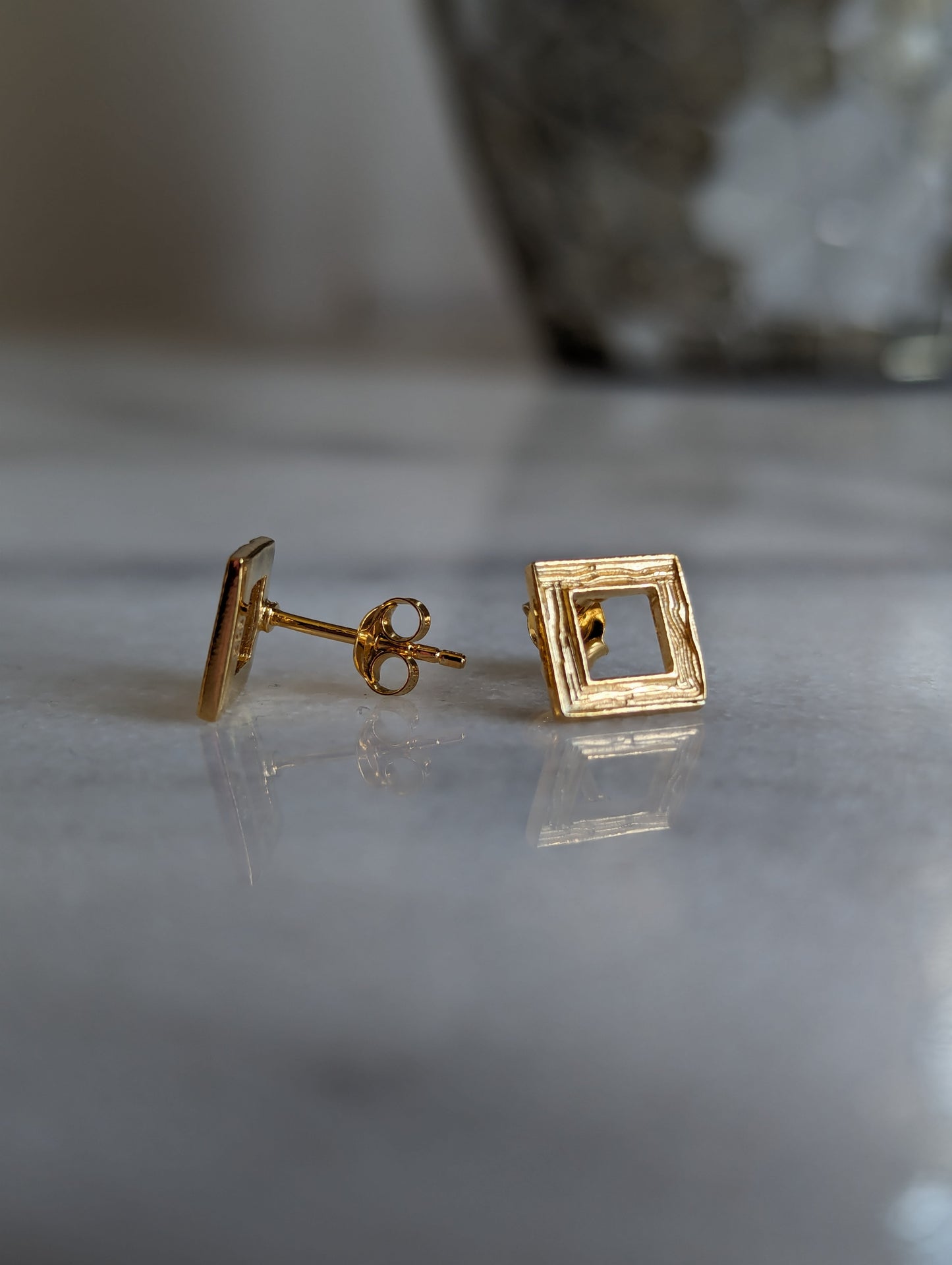 Sterling Silver 24k Gold Vermeil Style Textured Square Stud Earrings